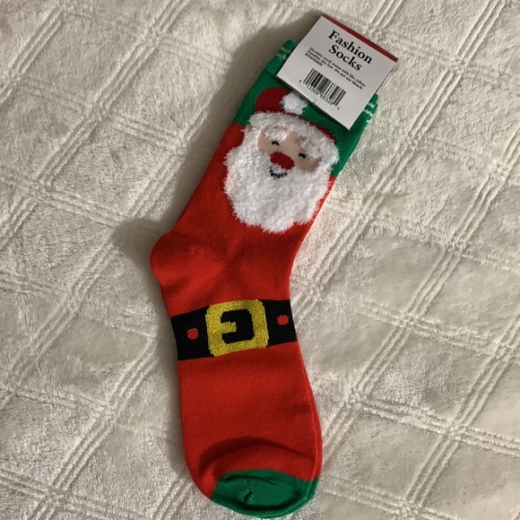 Santa Clause fluffy bearded Santa Christmas socks red stripe trim gold belt - Picture 9 of 11